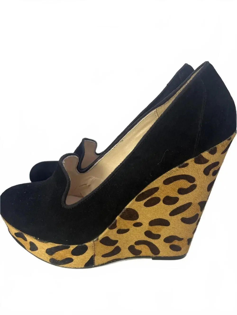 Chinese Laundry Black Suede Wedge Heels Leopard Print Platform Size 8.5 NWOT
